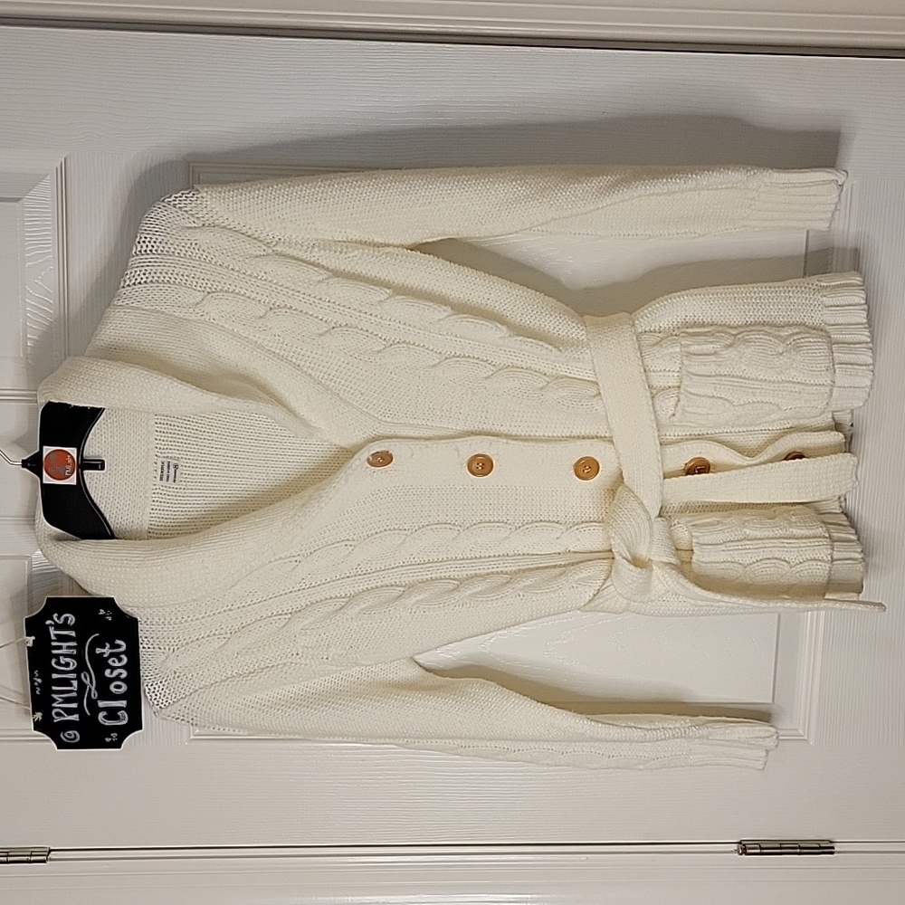Cable Knit Cardigan Sweater Medium Tie at Waist Ivory